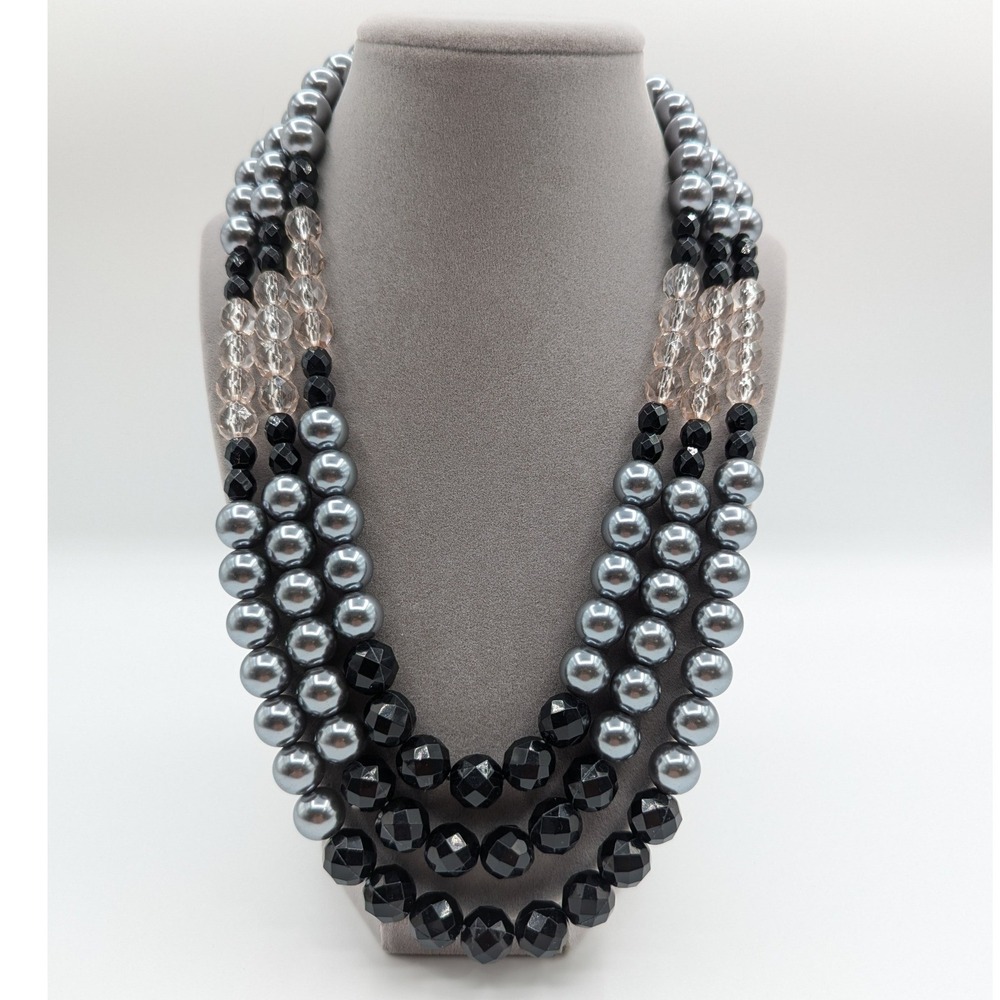 Grey Faux Pearl and Black Faceted Bead Triple Strand Statement Necklace 20-23in